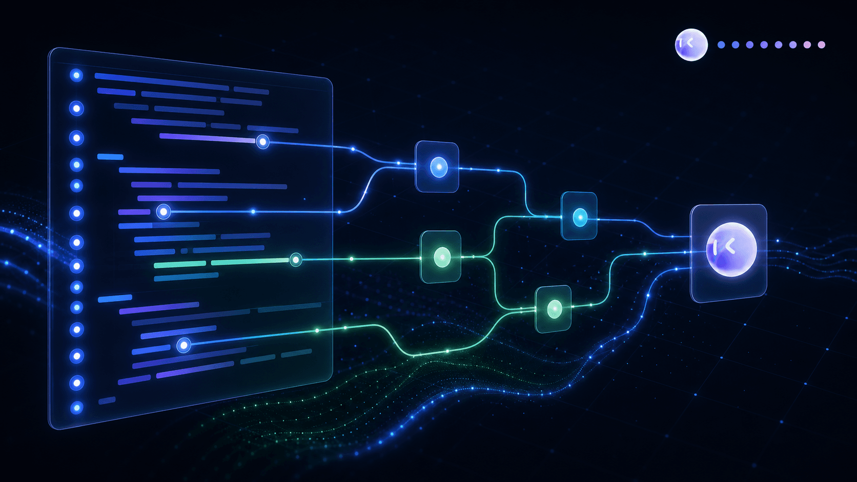 A clean, modern technical illustration showing an abstract visualization of code instrumentation: glowing lines of code with small tracking markers or checkpoints attached to individual lines and branching paths, like nodes lighting up along a flowchart-style structure. Use a dark background with blue and green accent colors, a subtle grid, and a sense of data flowing through interconnected paths. Abstract, minimal, no text or letters anywhere in the image.