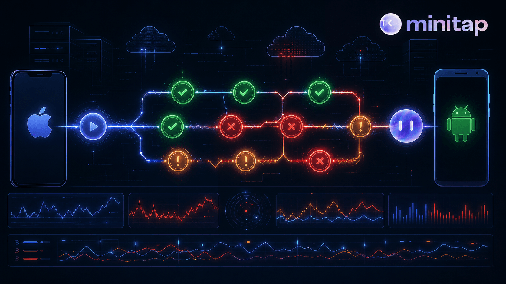 A dark-background technical dashboard visualization showing a mobile CI/CD pipeline with intermittent test results — some nodes glowing green for passing, others flickering red and orange for failing, with unstable pulsing connections between pipeline stages. Abstract waveform patterns and jagged graph lines suggest inconsistent behavior over time. Cloud infrastructure icons float in the background with iOS and Android device silhouettes. The overall mood is tense and uncertain, conveying instability and unpredictability in automated testing. Modern flat design with neon blue, red, and amber accents. No text, no labels, no letters anywhere in the image.