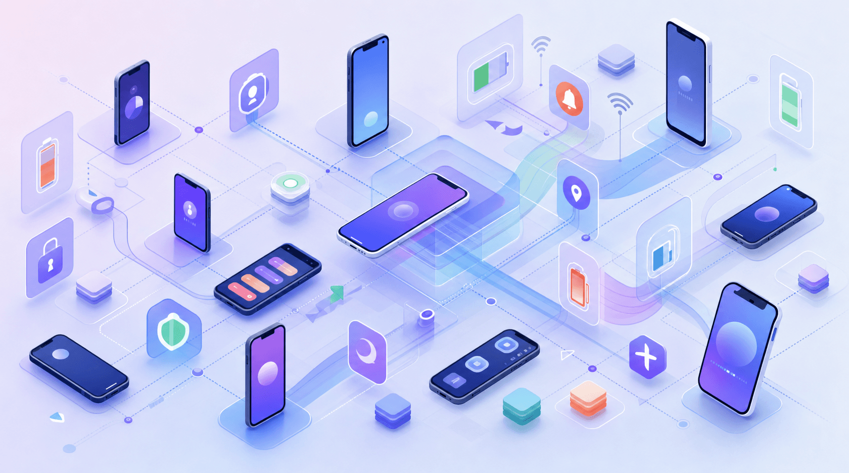 Phone silhouettes overlaid with network, battery, notification and permission layers connected by data flows
