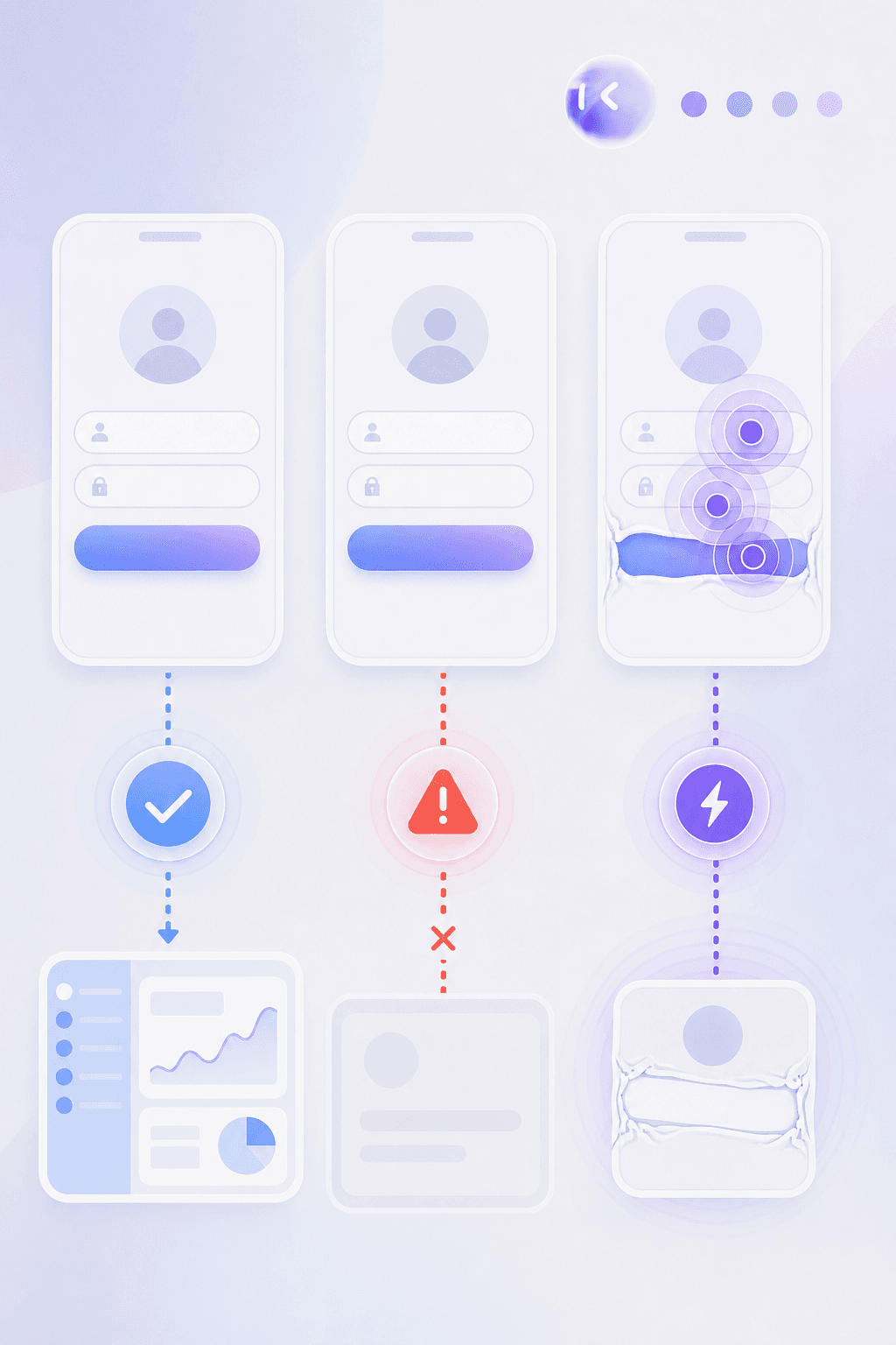 A clean modern flat-style illustration showing a mobile app login screen split into three parallel paths: one path shows a smooth checkmark leading to a dashboard, another shows a warning triangle blocking entry, and a third shows a stress test with multiple overlapping tap ripples and a frayed, stretched input field. Soft blue and gray palette, minimal geometric shapes, no text, no words, no letters, no UI labels.