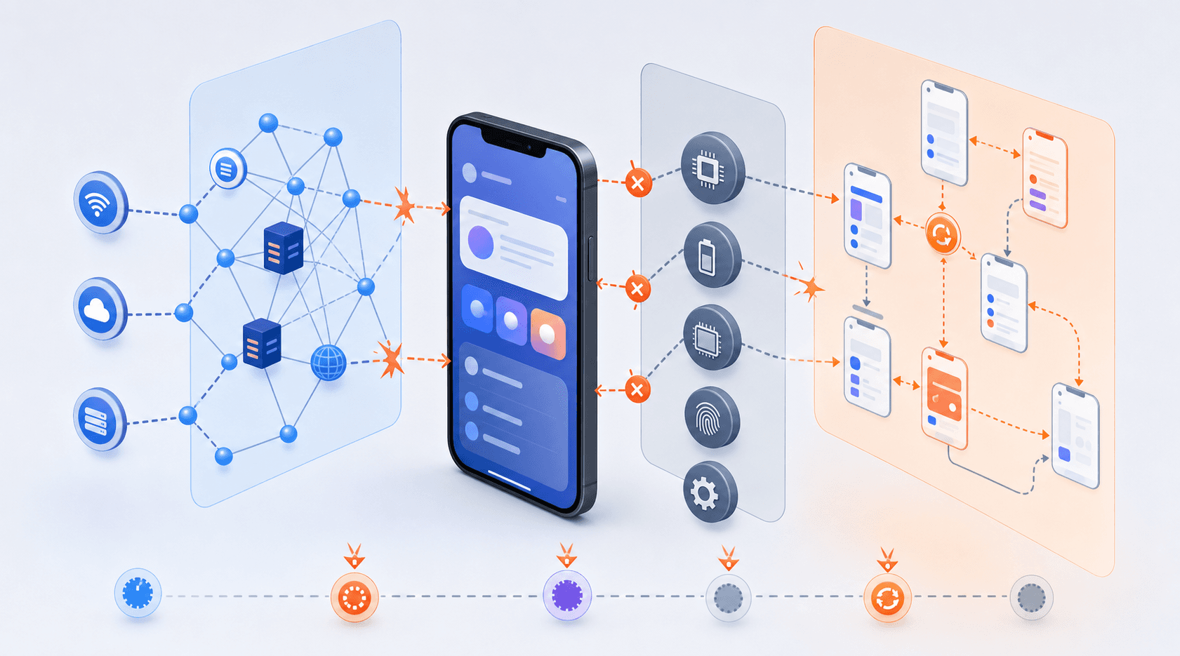 Layers around an app screen — network, device OS and UI state — with gaps marking where failures cross the boundaries