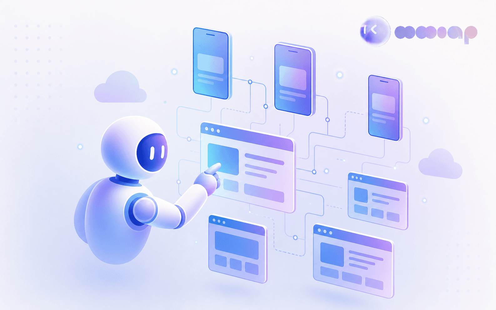 A clean, modern flat-style illustration representing AI-driven software testing automation. Show an abstract robotic/AI agent figure interacting with multiple floating mobile device and browser window outlines, with subtle circuit-like connecting lines between them, symbolizing automated test execution across many devices and platforms. Use a tech-forward color palette of deep blues, teals, and soft purples on a light background. No text, no words, no letters, no numbers anywhere in the image.