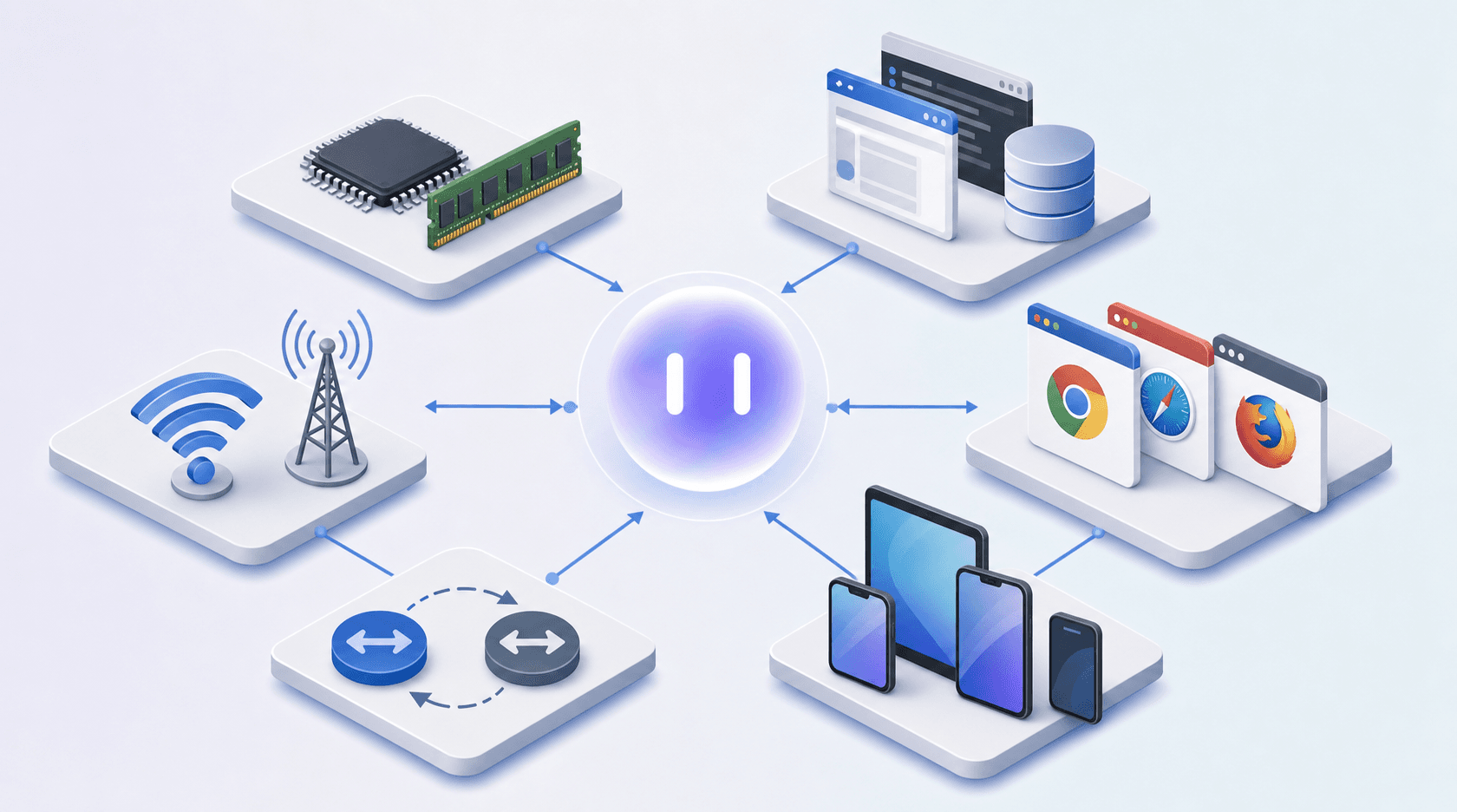 Six compatibility dimensions: hardware, software layers, browsers, network types, forward and backward version compatibility, and screen sizes