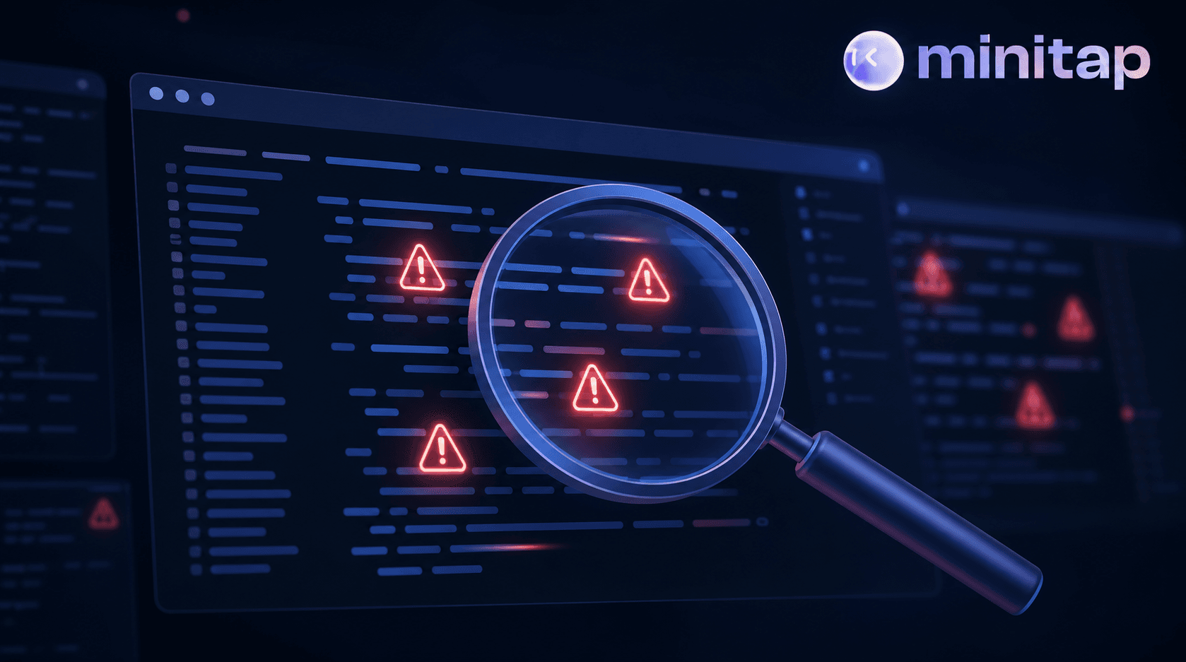 A digital illustration of a software code interface with a magnifying glass hovering over glowing red warning icons embedded in lines of code, symbolizing hidden security vulnerabilities. Dark blue and black color scheme with red accent highlights, abstract and modern, no text or letters visible.