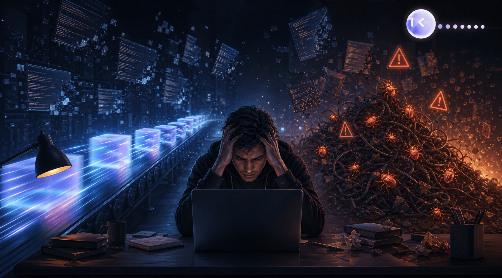 A developer sitting at a desk surrounded by floating broken code fragments and red error symbols, looking frustrated while a fast-moving conveyor belt of glowing code blocks rushes past on one side and a slow, tangled pile of bugs accumulates on the other side, symbolizing the gap between AI code generation speed and debugging effort, dark moody blue and amber lighting, cinematic digital illustration style