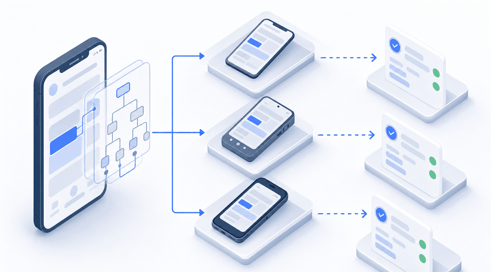 Two test execution paths: an accessibility tree overlaid on an app screen, and a cloud emulator instance