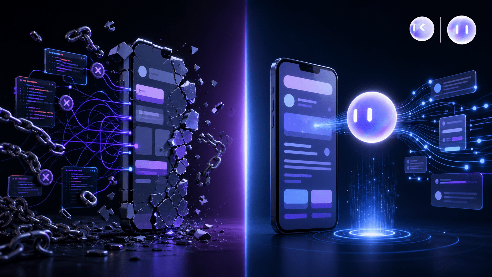 A split visual showing two contrasting approaches to mobile app testing: on the left side, a tangled web of fragile code connections anchored to a mobile UI that is shifting and breaking apart, with broken chain links representing failed selectors; on the right side, a glowing AI agent smoothly reading and adapting to a clean mobile app interface with flowing data streams, representing intelligent autonomous analysis. Dark tech background with blue and purple lighting, no text or labels anywhere in the image.
